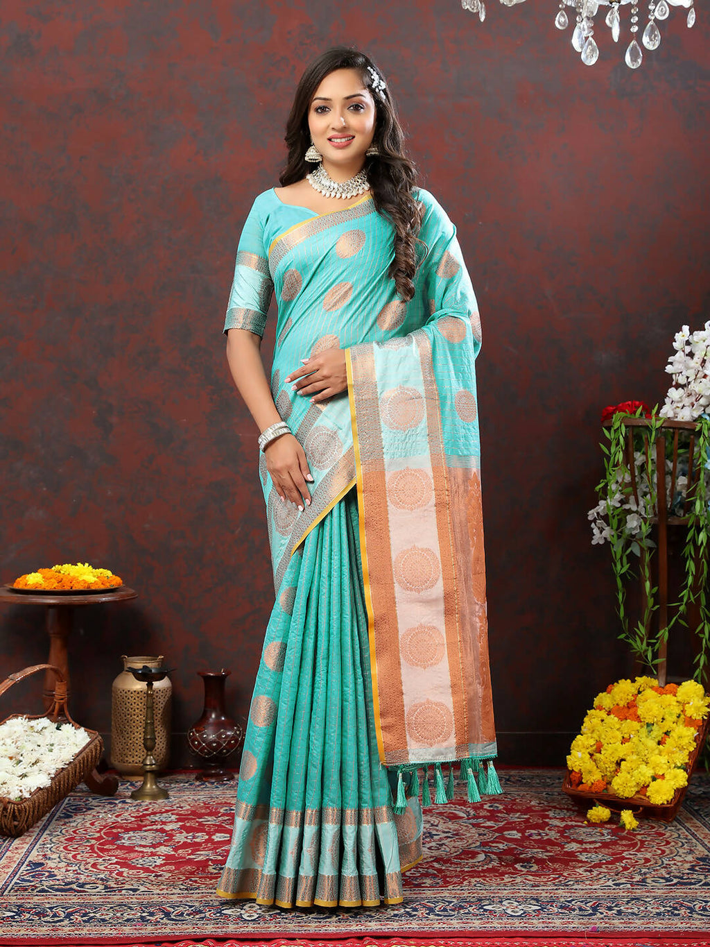 Skyblue Cotton Saree with Geometric Zari Weaving and Silk Blouse