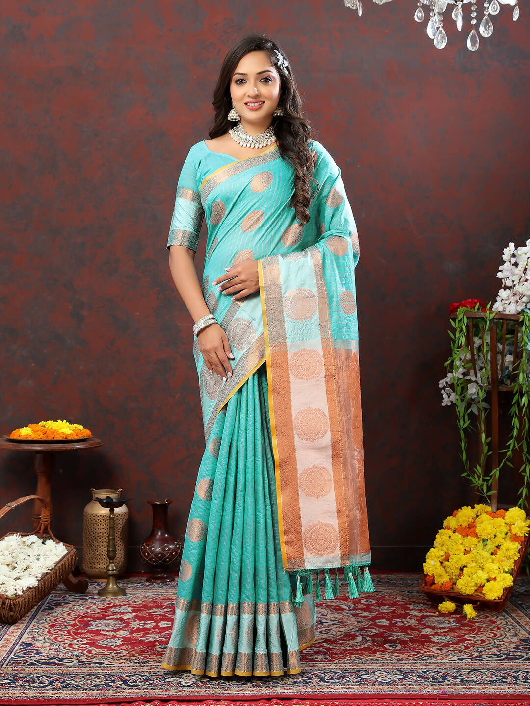 Skyblue Cotton Saree with Geometric Zari Weaving and Silk Blouse