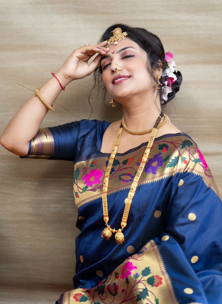 Navy Blue Paithani Silk Saree with Zari Woven Border and Blouse