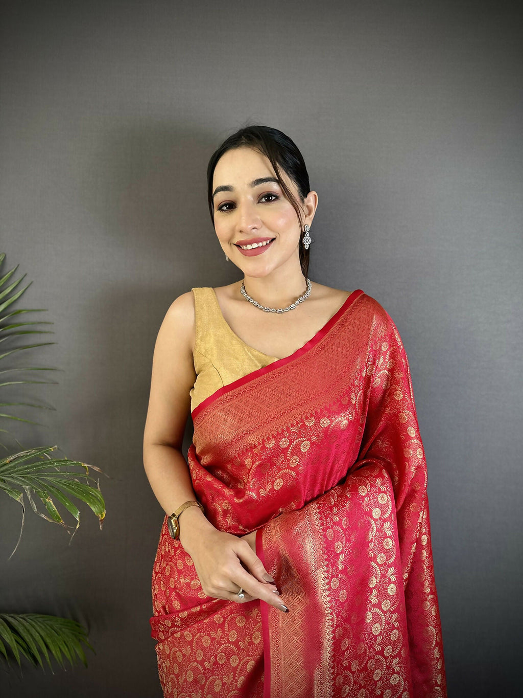 Red Floral and Paisley Motif Soft Satin Silk Banarasi Saree