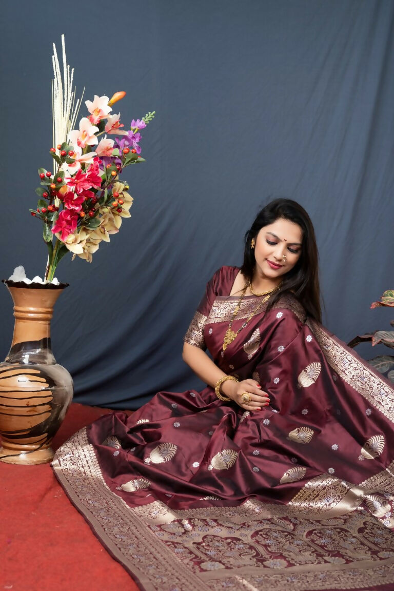 Brown Paithani Silk Saree with Zari Woven Border and Blouse