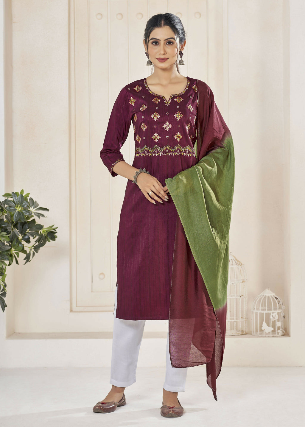 Wine-colored pure viscose kurta set with weaving stripes and embroidery