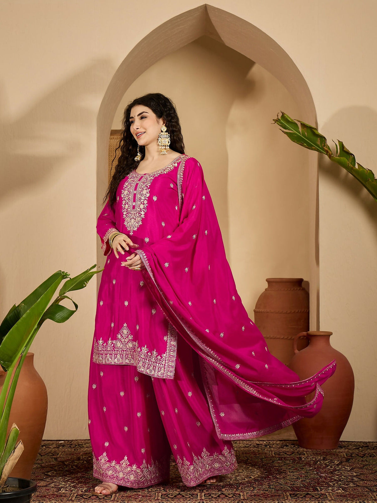 Pink Chinon Silk Kurta Set with intricate embroidery and 3/4 sleeves