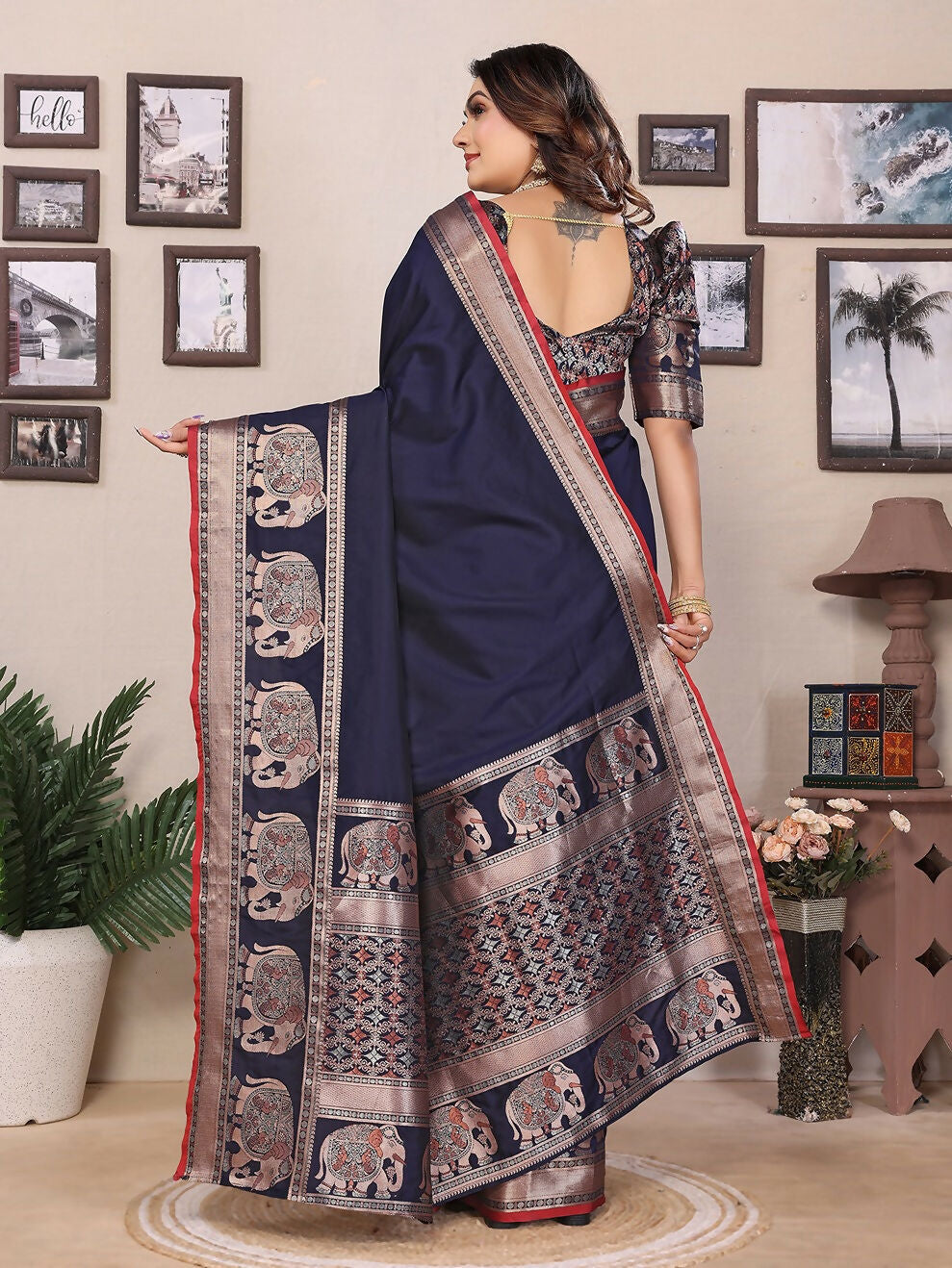 Dark Blue Solid Banarasi Brocade Silk Saree with Blouse