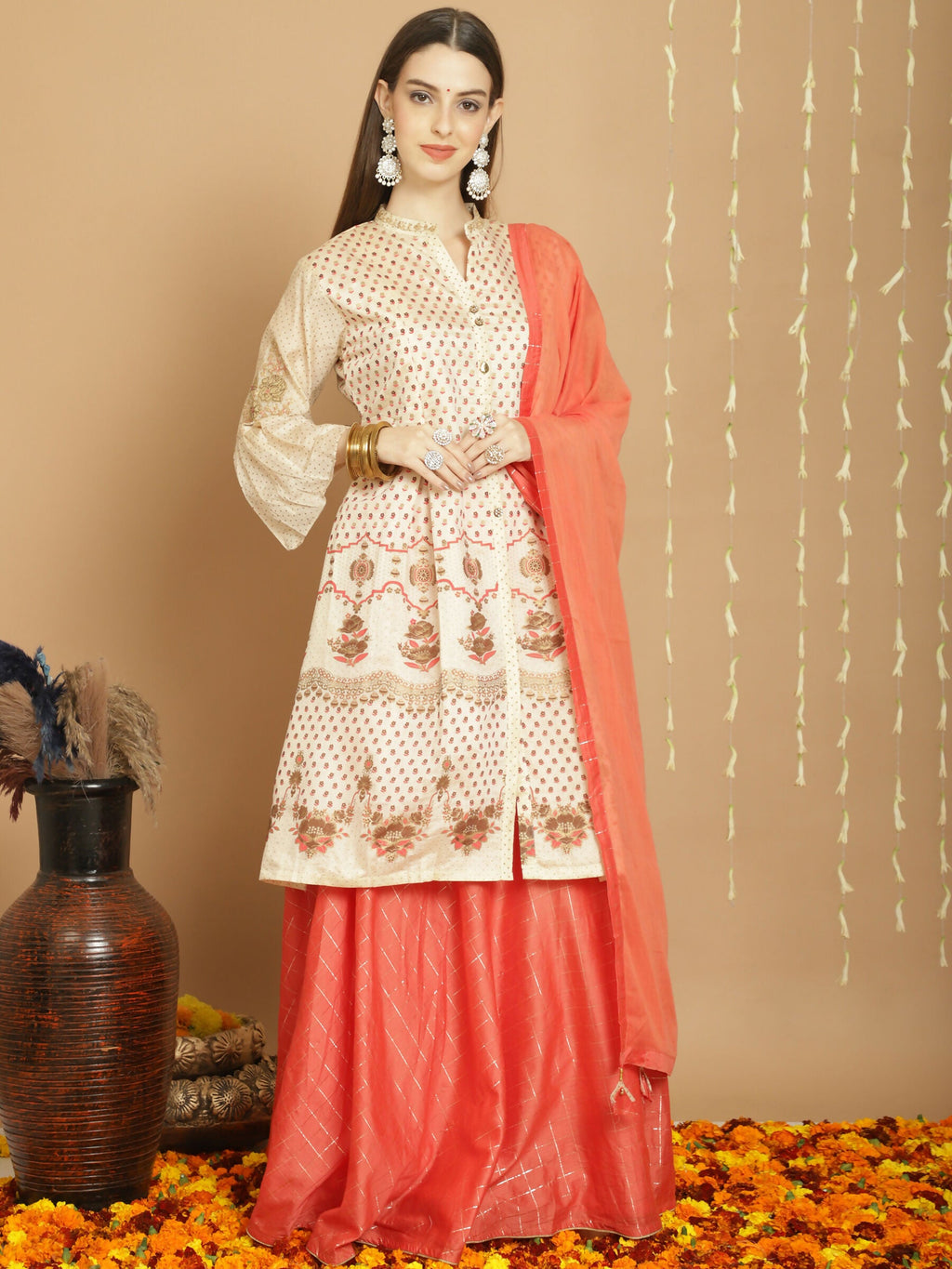 Cream Chanderi Silk A-Line Kurta Set with Jardoshi Detailing