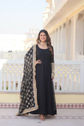 Black faux blooming Anarkali dress with gold sequins and zari embroidery and dupatta