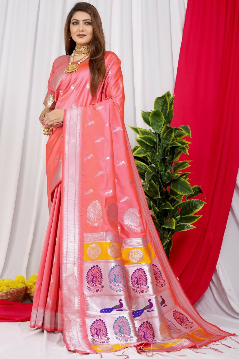 Peach Paithani Silk saree with Zari woven border and matching blouse
