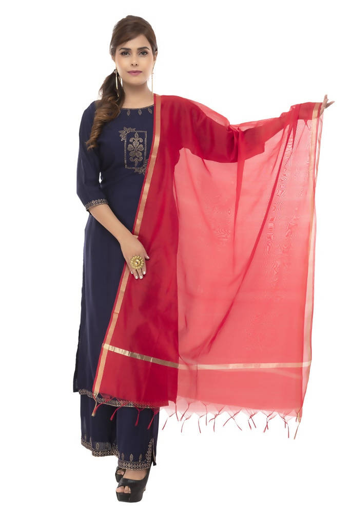 Elegant red Banarsi Chanderi dupatta with decorative piping detail