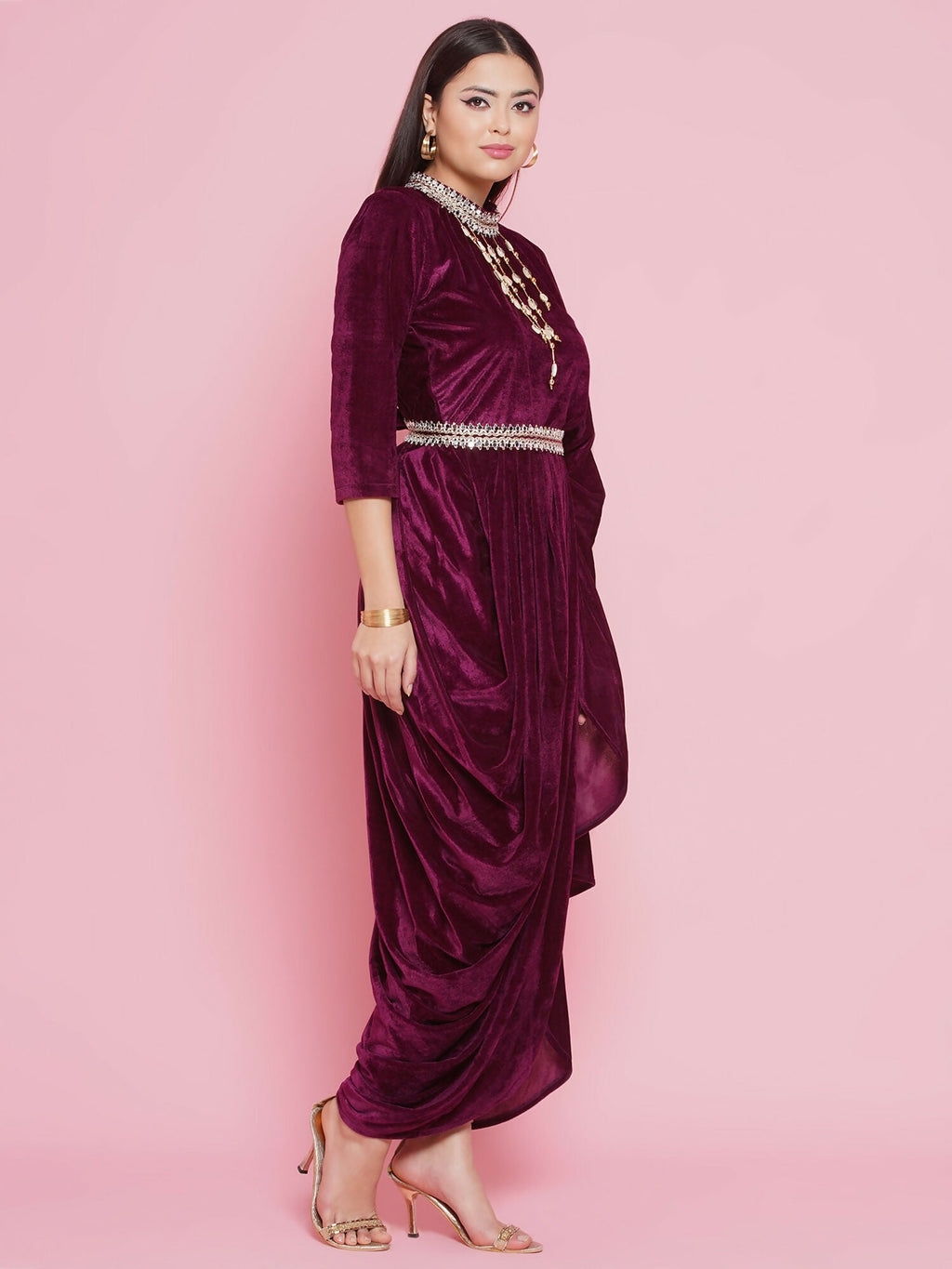 Wine Velvet Drape Kurta and Pant Set - Sophisticated Evening Wear