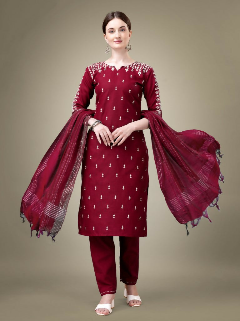 Maroon straight kurta set with intricate sequence work and matching dupatta.