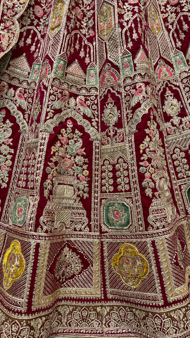Rani Pink Velvet Wedding Lehenga Choli with Dori & Diamond Work