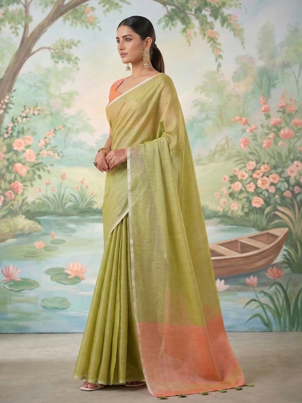 Green Tissue Silk Saree with Matching Blouse Piece