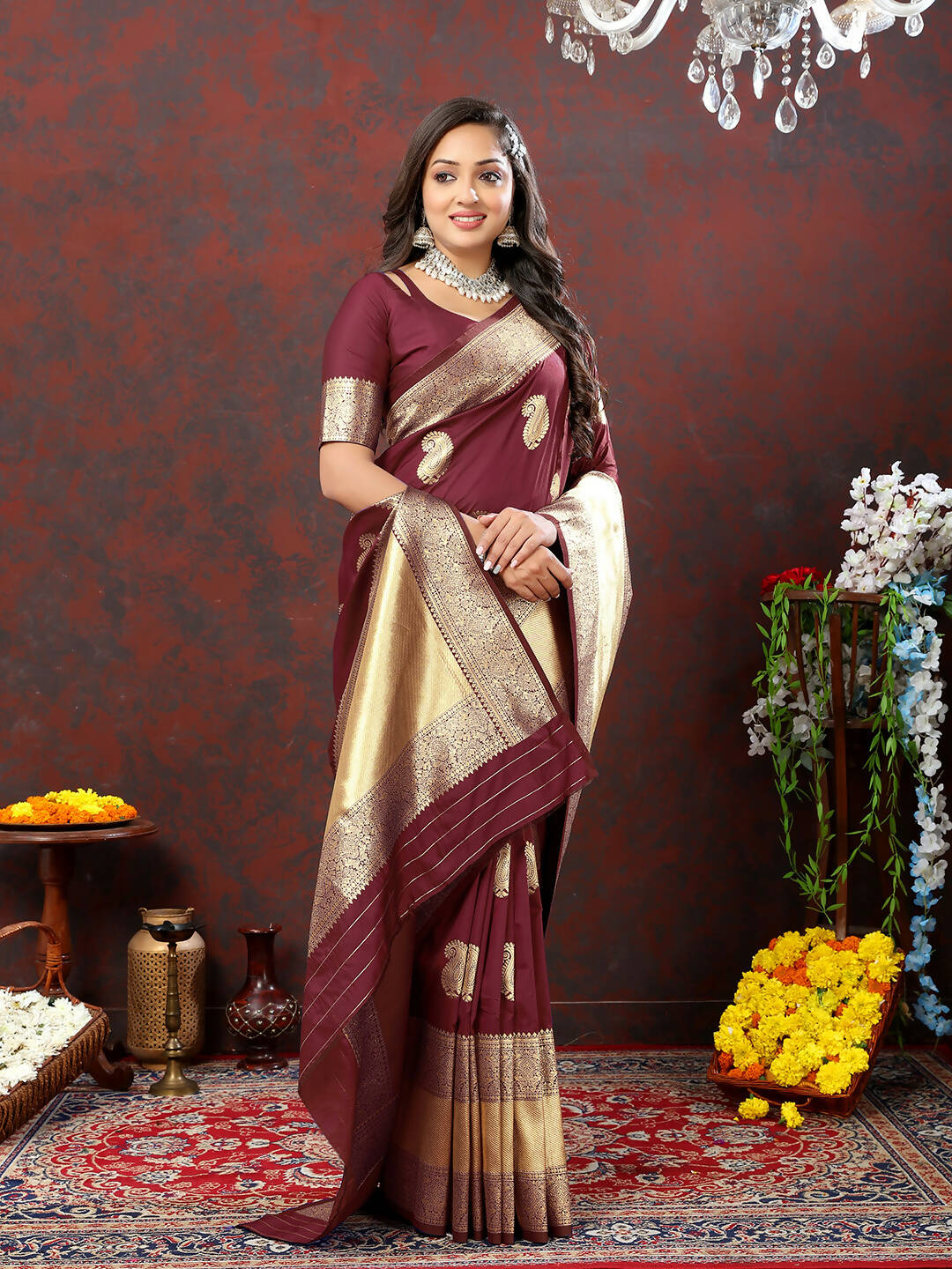 Maroon Soft Silk Saree with Traditional Gold Zari Woven Design