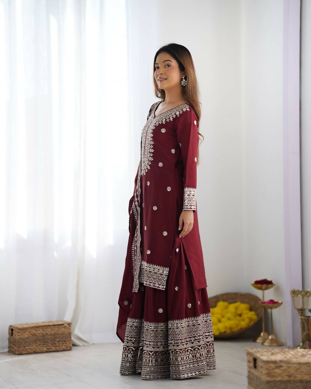 Maroon Silk Kurta Set with Sequins, Zari, and Thread Embroidery