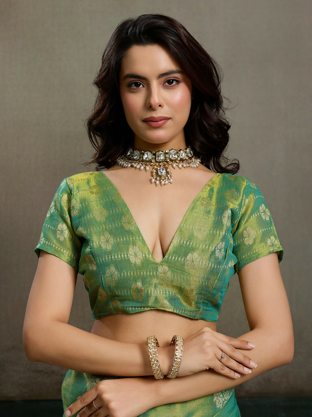 Green Tissue Silk Saree with Matching Elegant Blouse