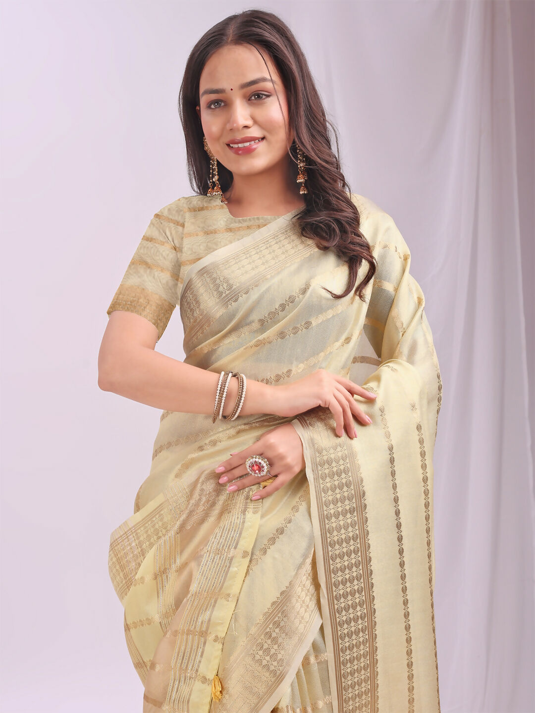 Gold Organza Saree with Contrast Yellow Blouse