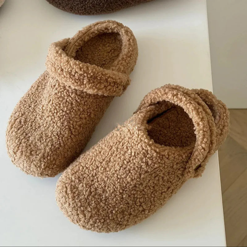 Women Beige Fleece Lined Fluffy Slippers Soft Cozy House Shoes - Image 6