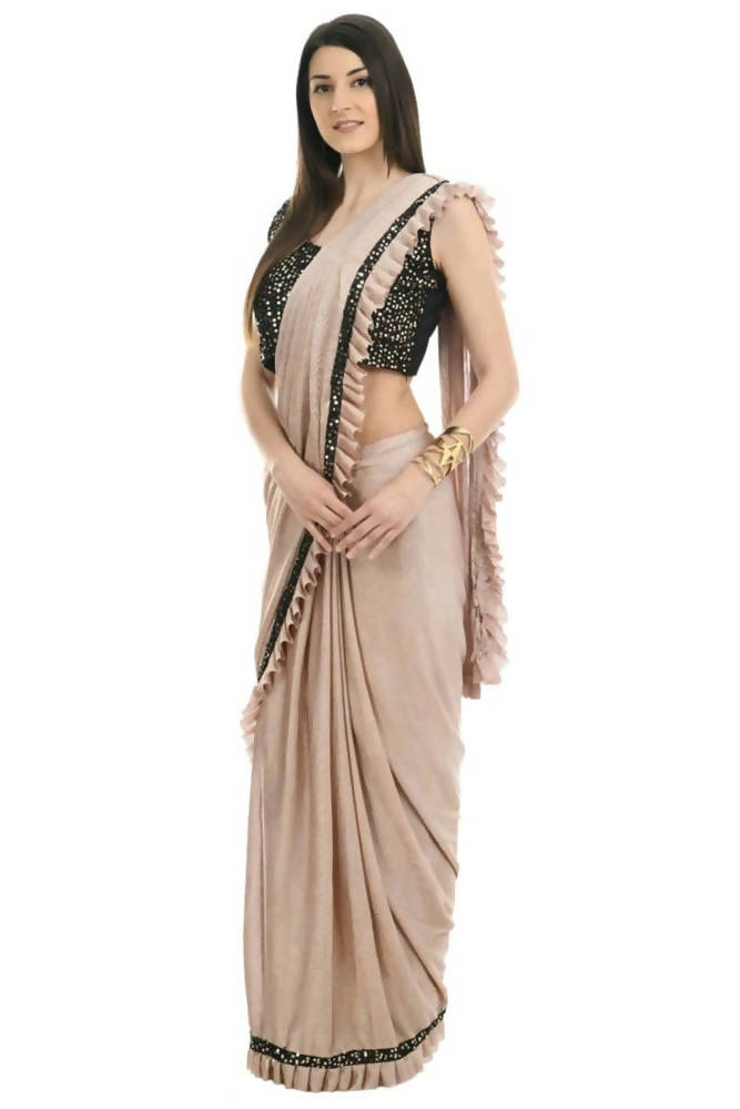 Beige and black ruffled ready-to-wear lycra saree with matching sequin embroidered blouse