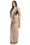 Beige and black ruffled ready-to-wear lycra saree with matching sequin embroidered blouse