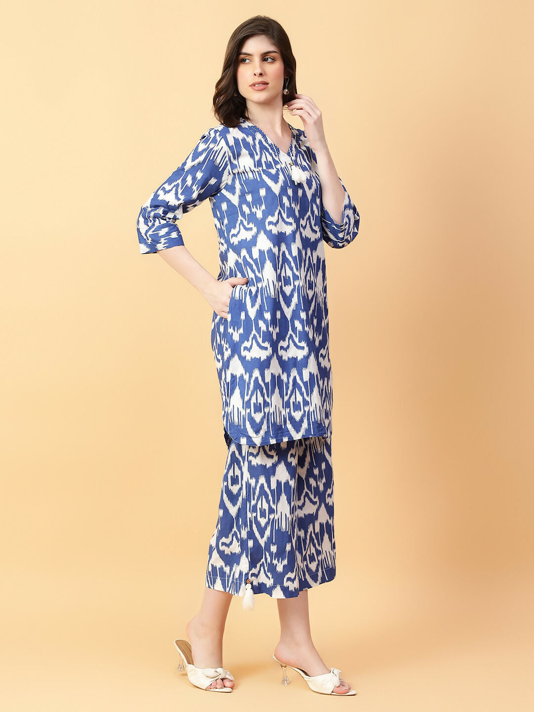Blue Printed Cotton Co-ord Set with Hand Work Detail