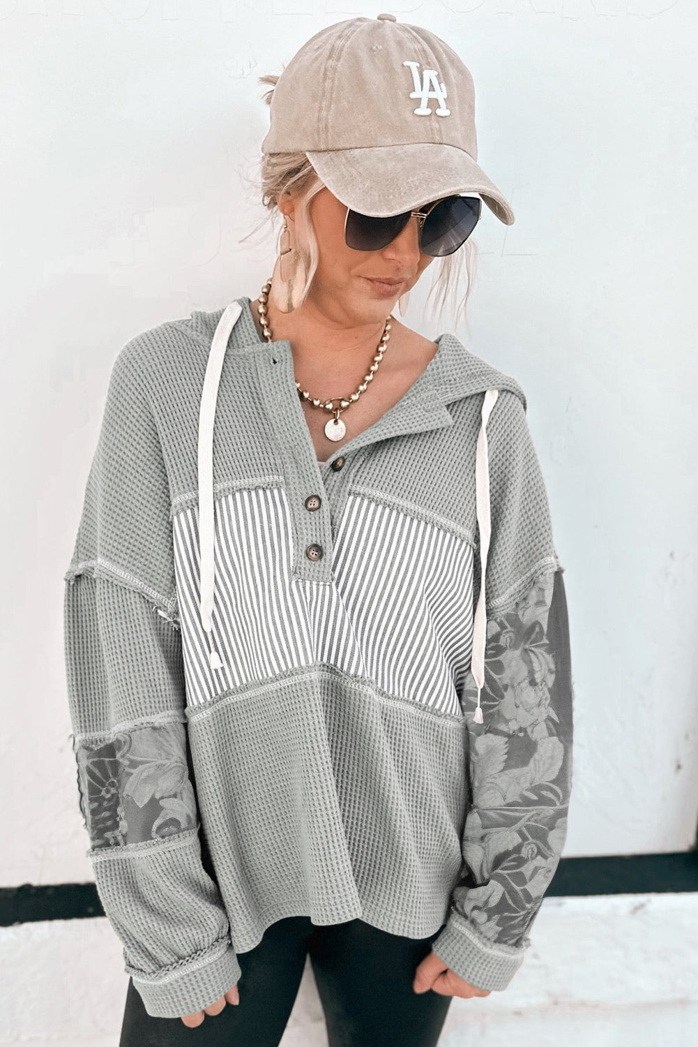 Gray Waffle Patchwork Drawstring Hooded Long Sleeve Top