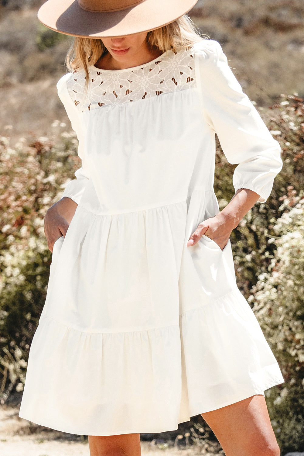 Whitley Floral Lace Patchwork Tiered Mini Dress in White - Image 5