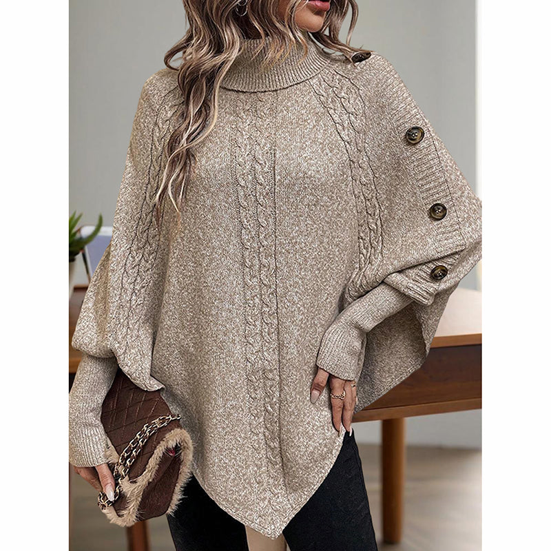 Women's Button Detail Turtleneck Sweater with Asymmetric Hem - Image 11