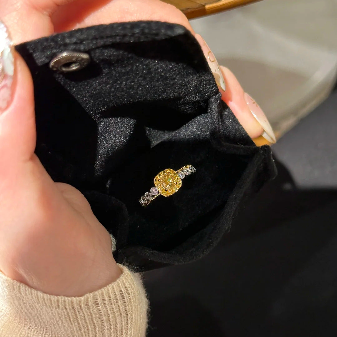 Light Luxury Yellow Diamond Sugar Cube & Pineapple Ring, Niche Design, High-End Exquisite Fashion Gemstone Ring For Women
