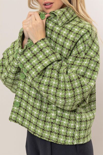 Green Tweed Plaid Button Up Collared Jacket for Women