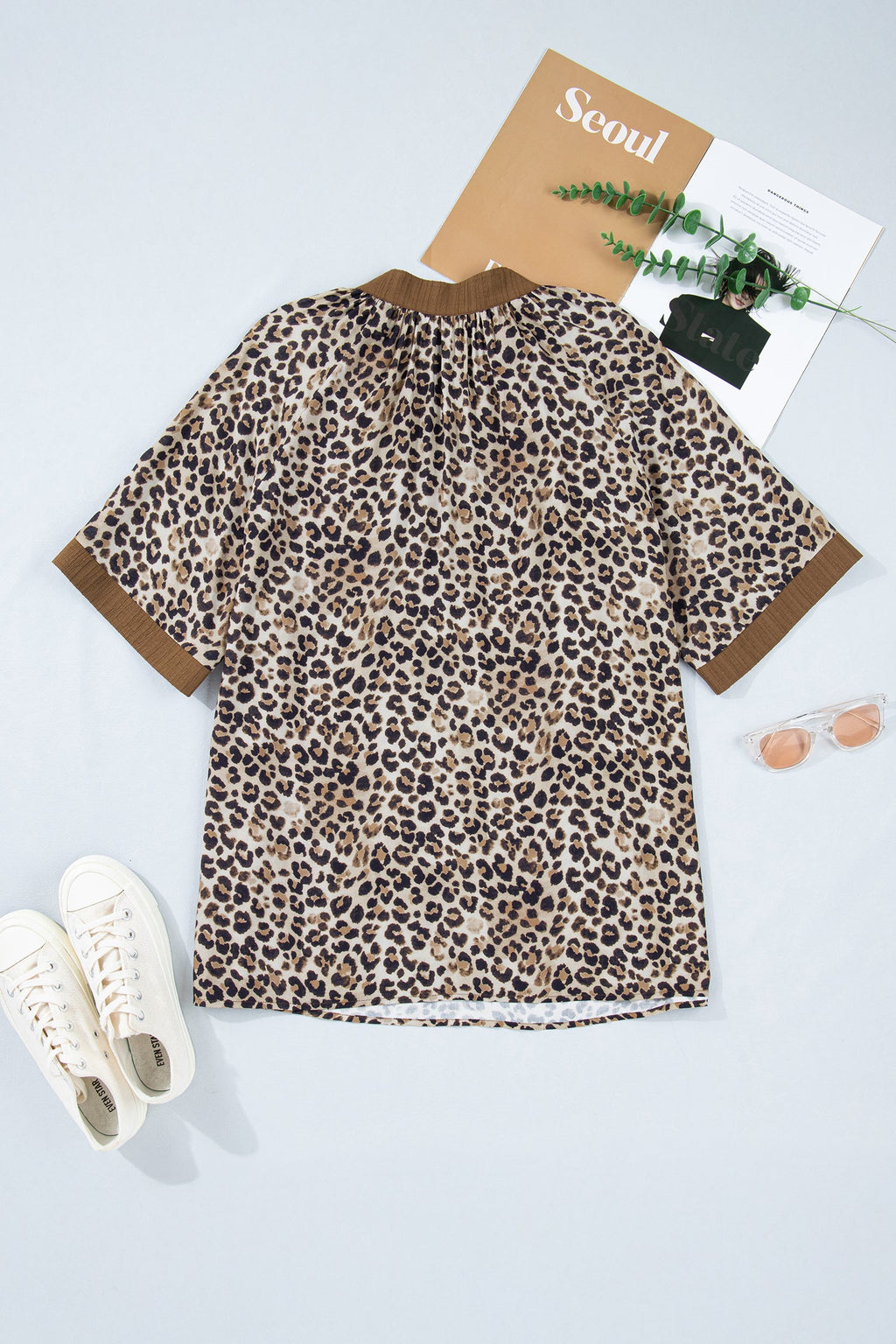 Leopard Crinkled V-Neck Blouse | Viscose Short Sleeve Top