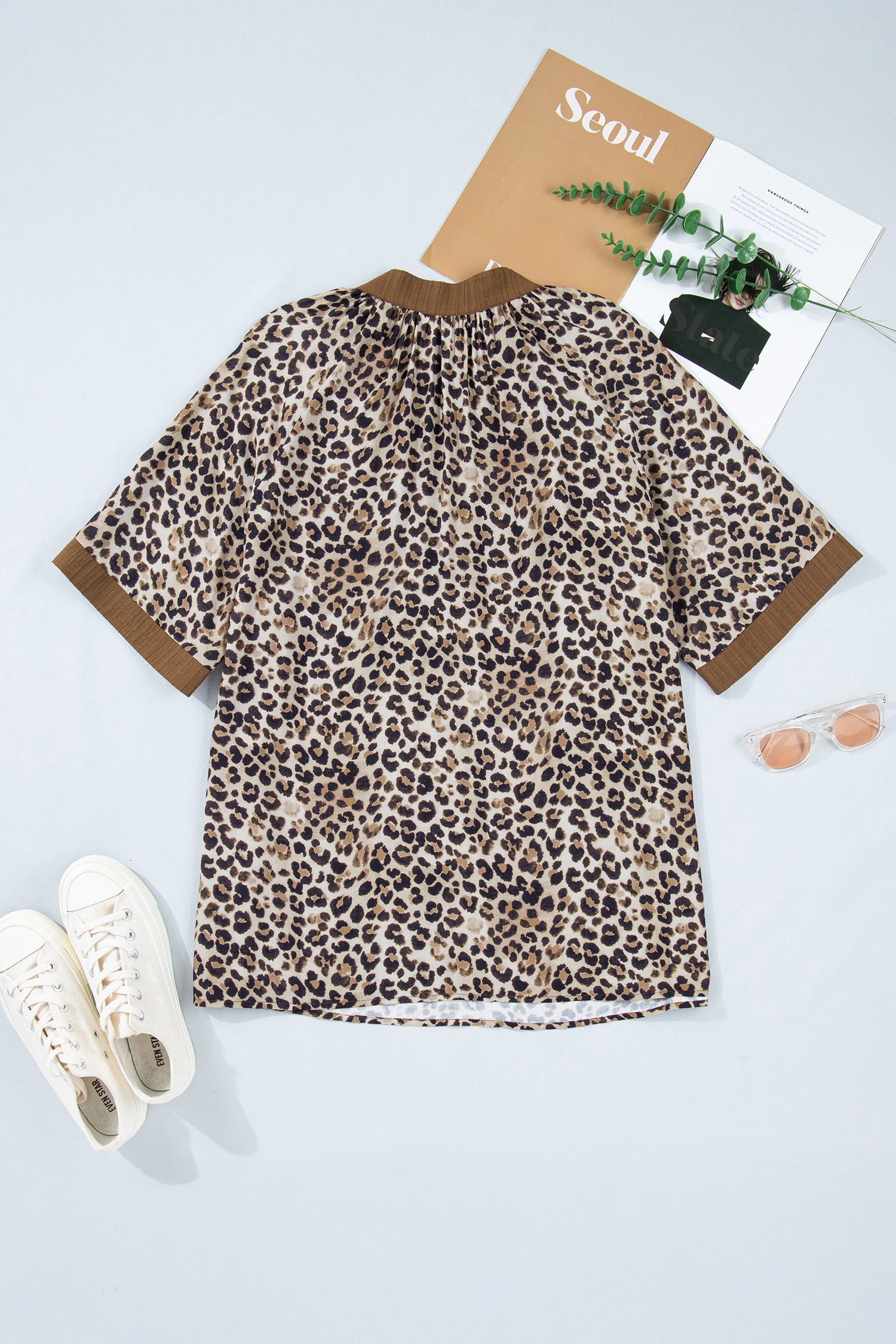 Leopard Crinkled V-Neck Blouse | Viscose Short Sleeve Top