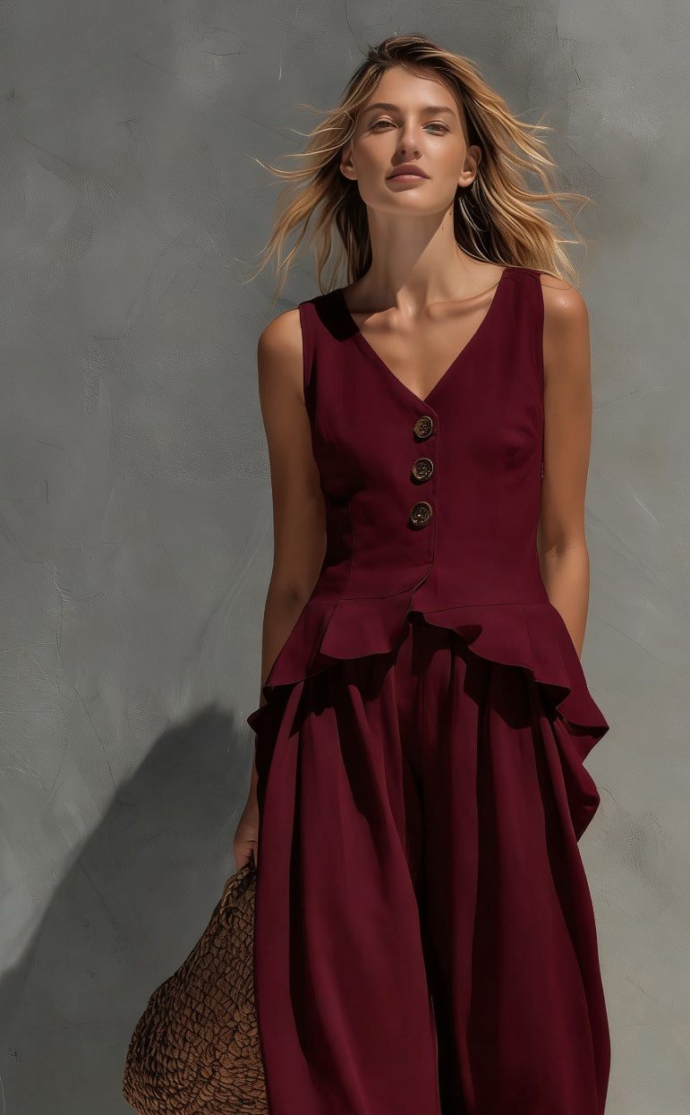 Women's Button-Front Peplum Top and Wide-Leg Pants Two-Piece Set - Image 9