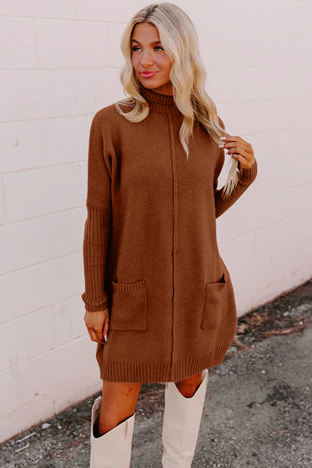 Women's Ribbed Mock Neck Sweater Dress in Brown and Red