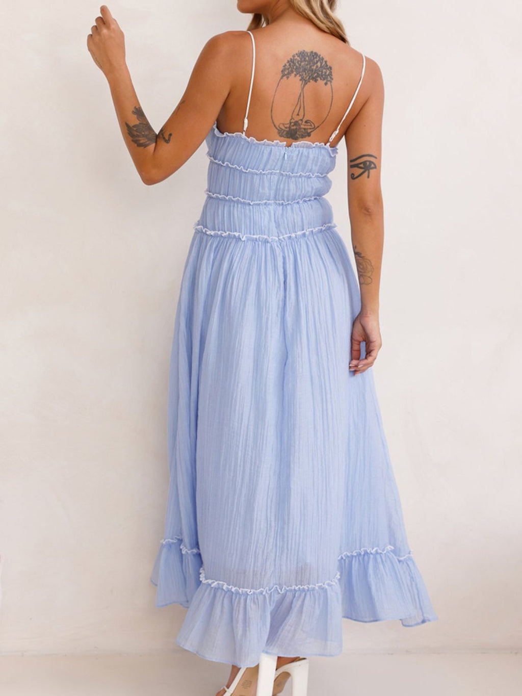 Girls Vintage Ruffled Hem Midi Dress with Tied and Ruched Detail