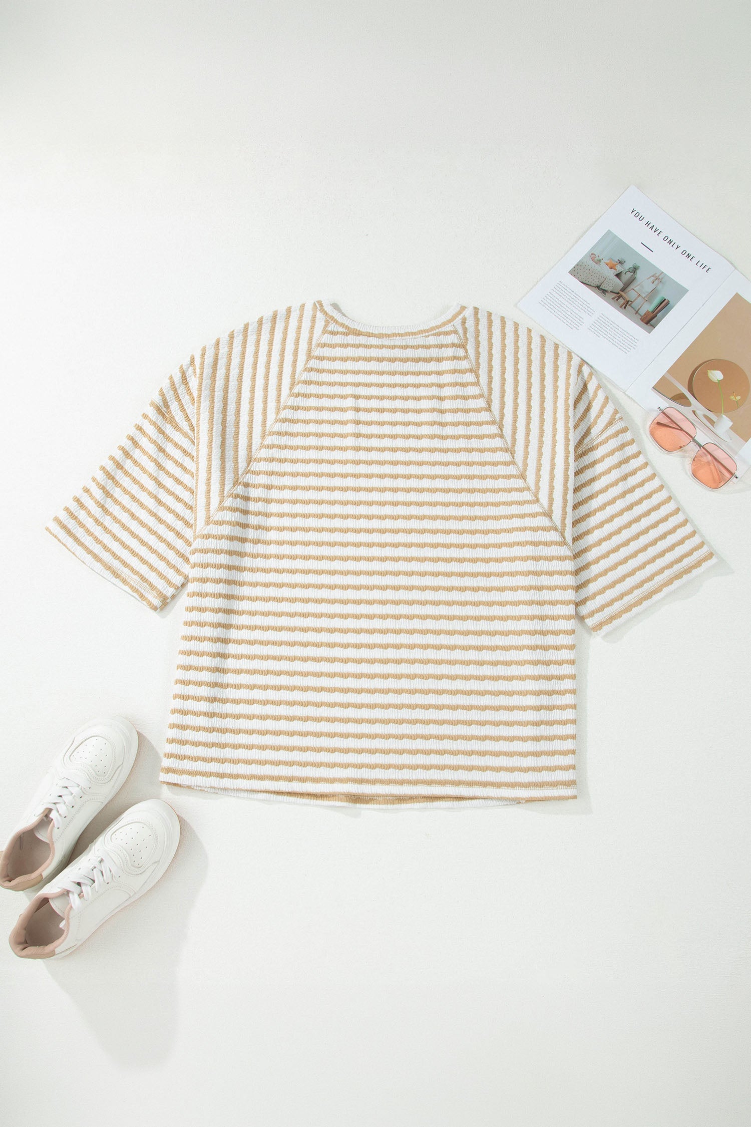 Liv Detail Half Sleeve Striped Knit Top - White & Tan