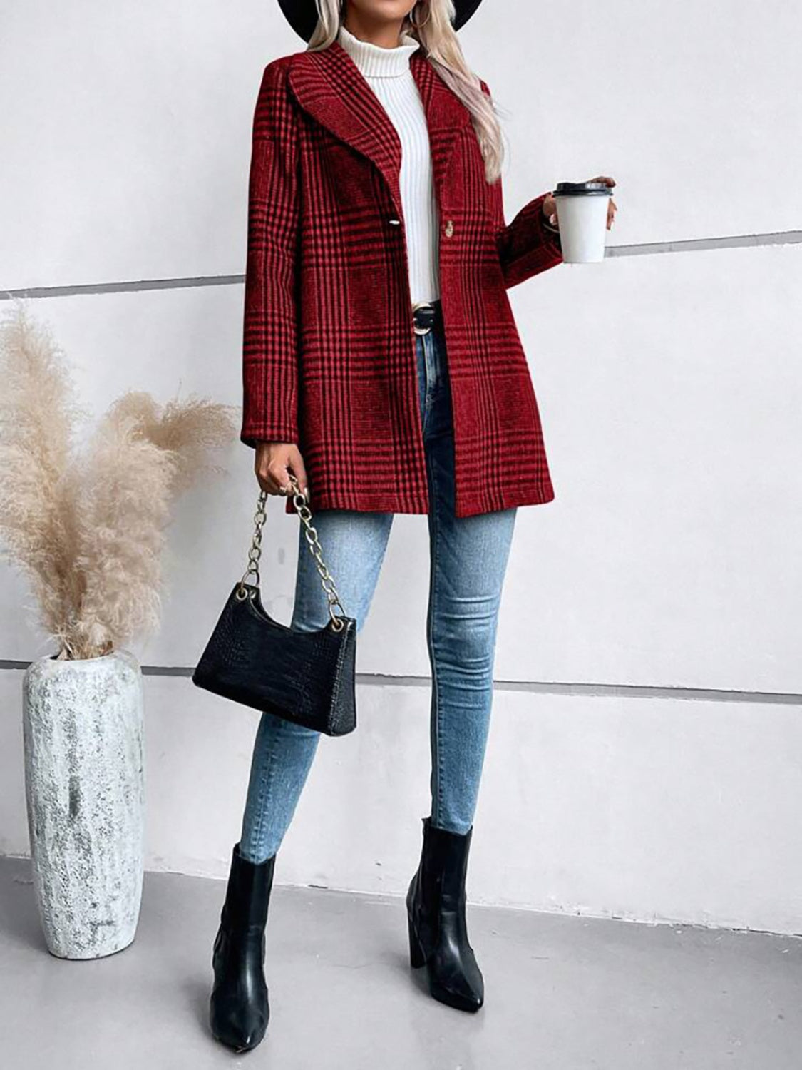 Women's Red Plaid Collared Long Sleeve Button Front Jacket - Image 3