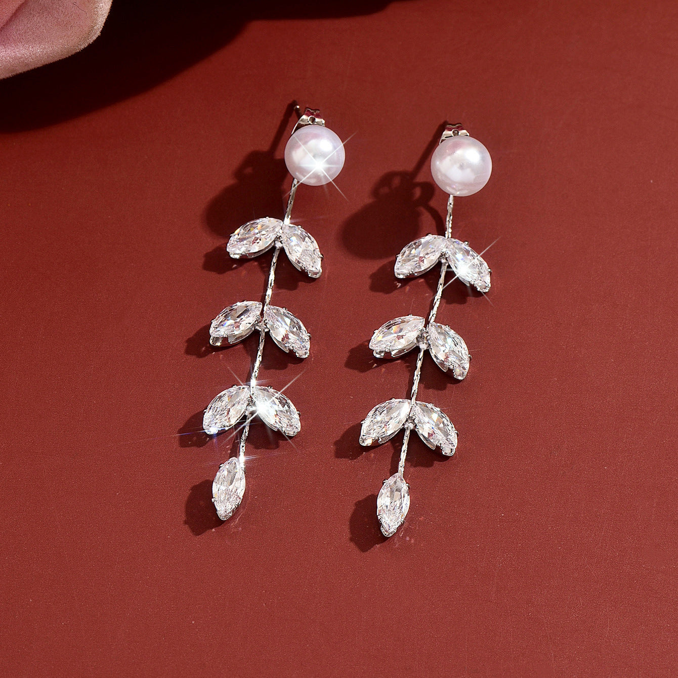Women Faux Pearl Marquise Leaf Long Drop Earrings, Gold Rhodium Two Tone Plated Dainty Bridal Dangling Earrings For Wedding Party Valentine Daily Gift