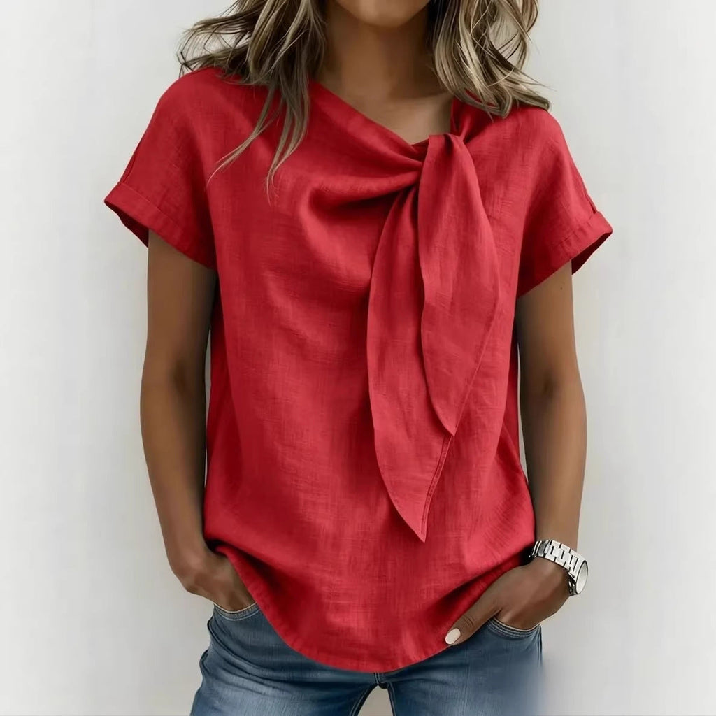 Women's Short Sleeve Tie Neck Blouse in Yellow and Beige