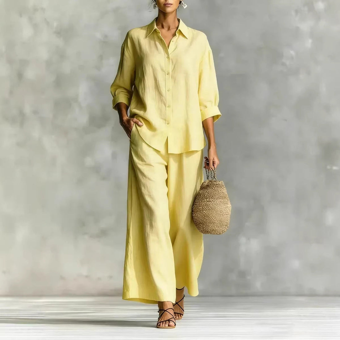 Cotton-Linen Button-Down Shirt and Wide-Leg Pants Two-Piece Set - Image 8