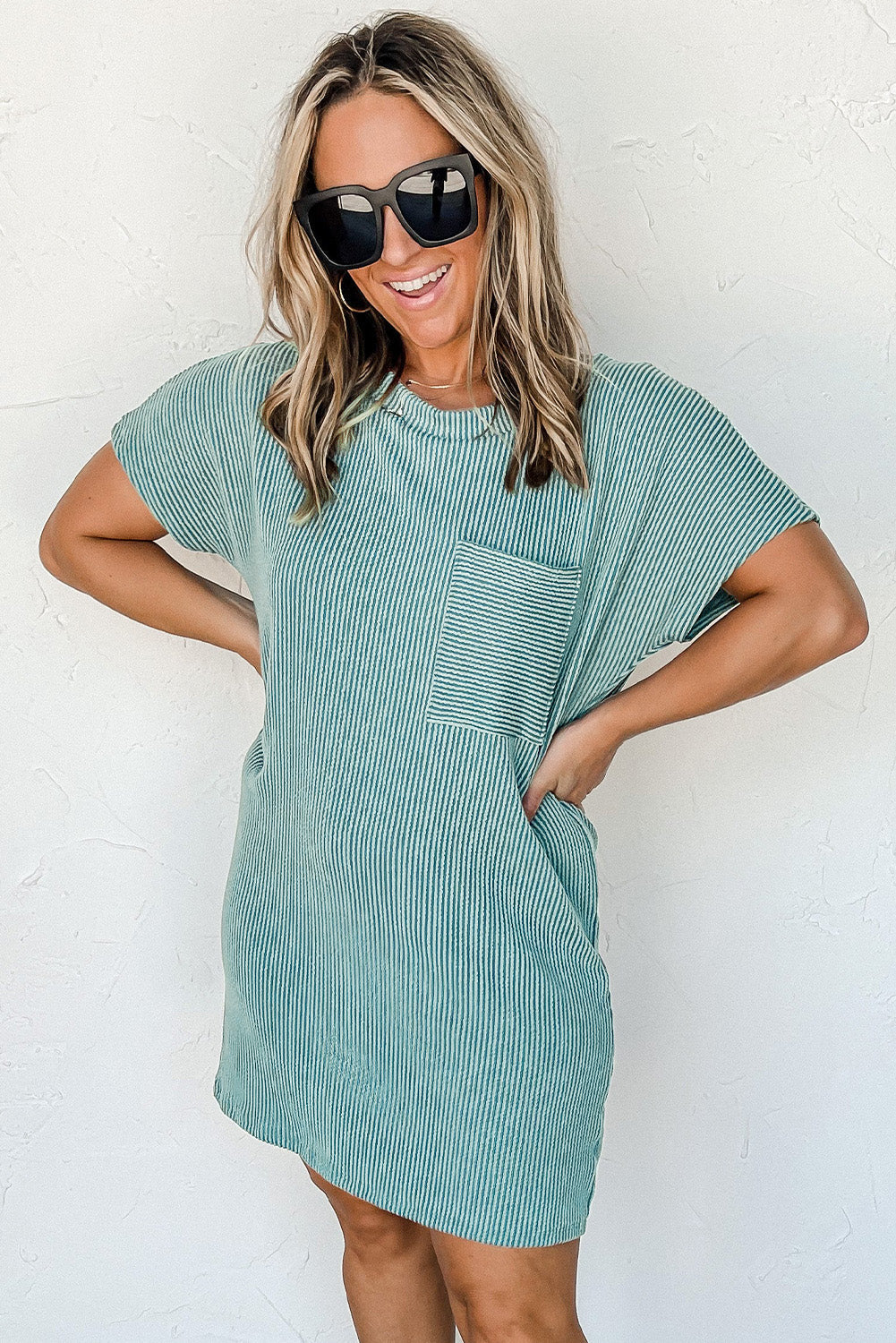Blue Striped Ribbed Knit T-Shirt Shift Dress | Casual