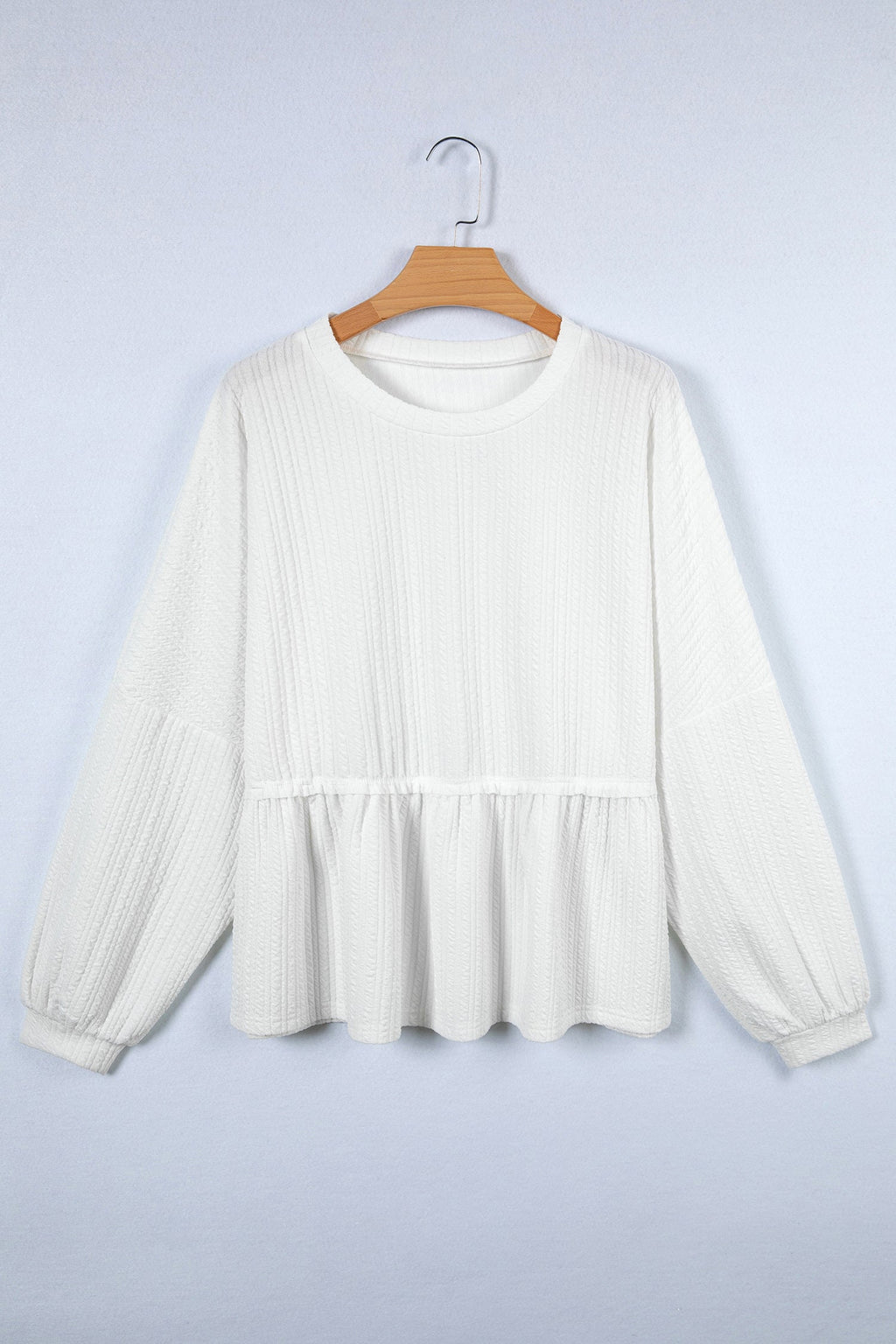 White Textured Drop Shoulder Peplum Long Sleeve Blouse