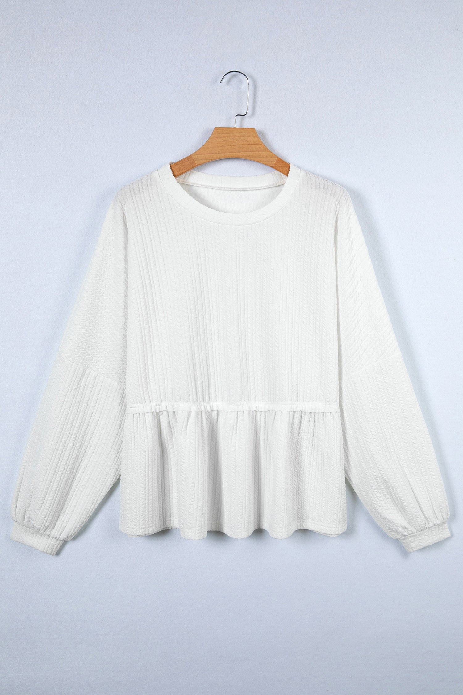White Textured Drop Shoulder Peplum Long Sleeve Blouse