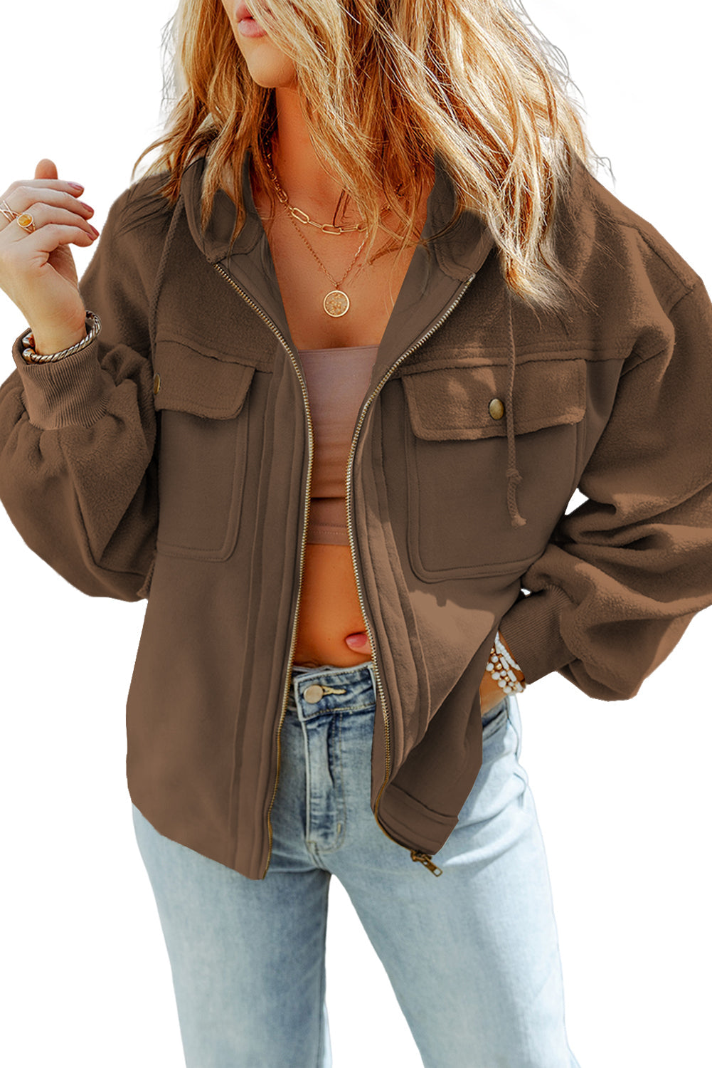 Green Bishop Sleeve Zip Up Hoodie Jacket with Flap Pockets