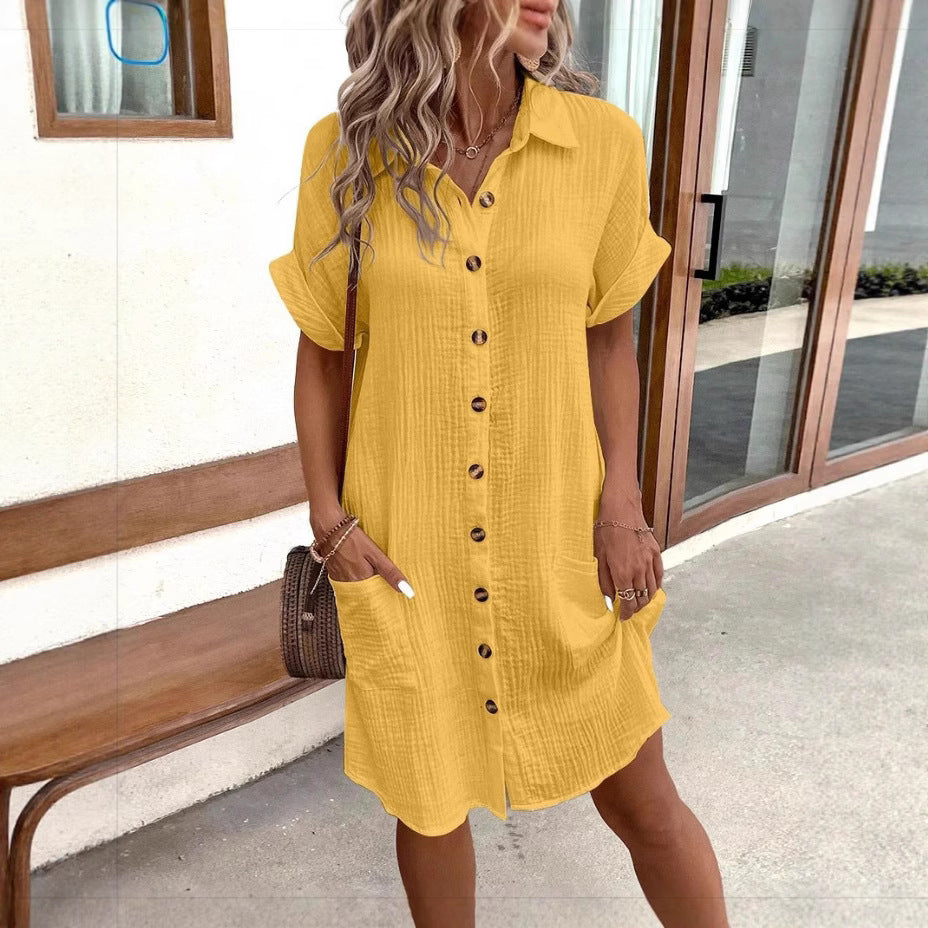 Women's Short Sleeve Button Down Midi Shirt Dress with Pockets