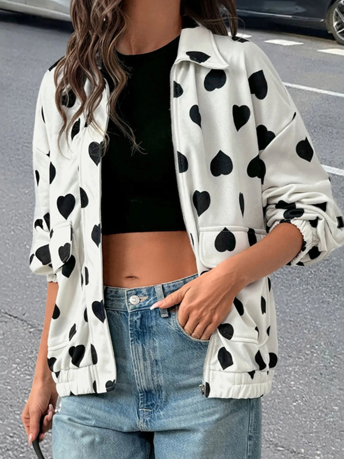Women's Heart Print Zip Up Casual Jacket with Pockets - Image 4