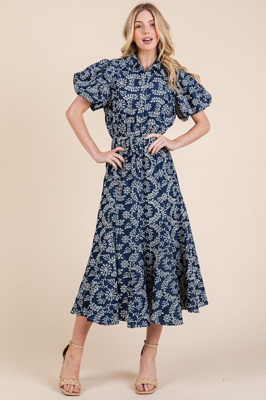 Leaf Pattern Eyelet Lace Puff Sleeve Midi Dress