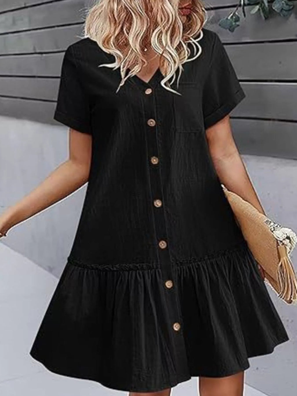 Full Size Button-Front Short Sleeve Tiered Dress Plus Size