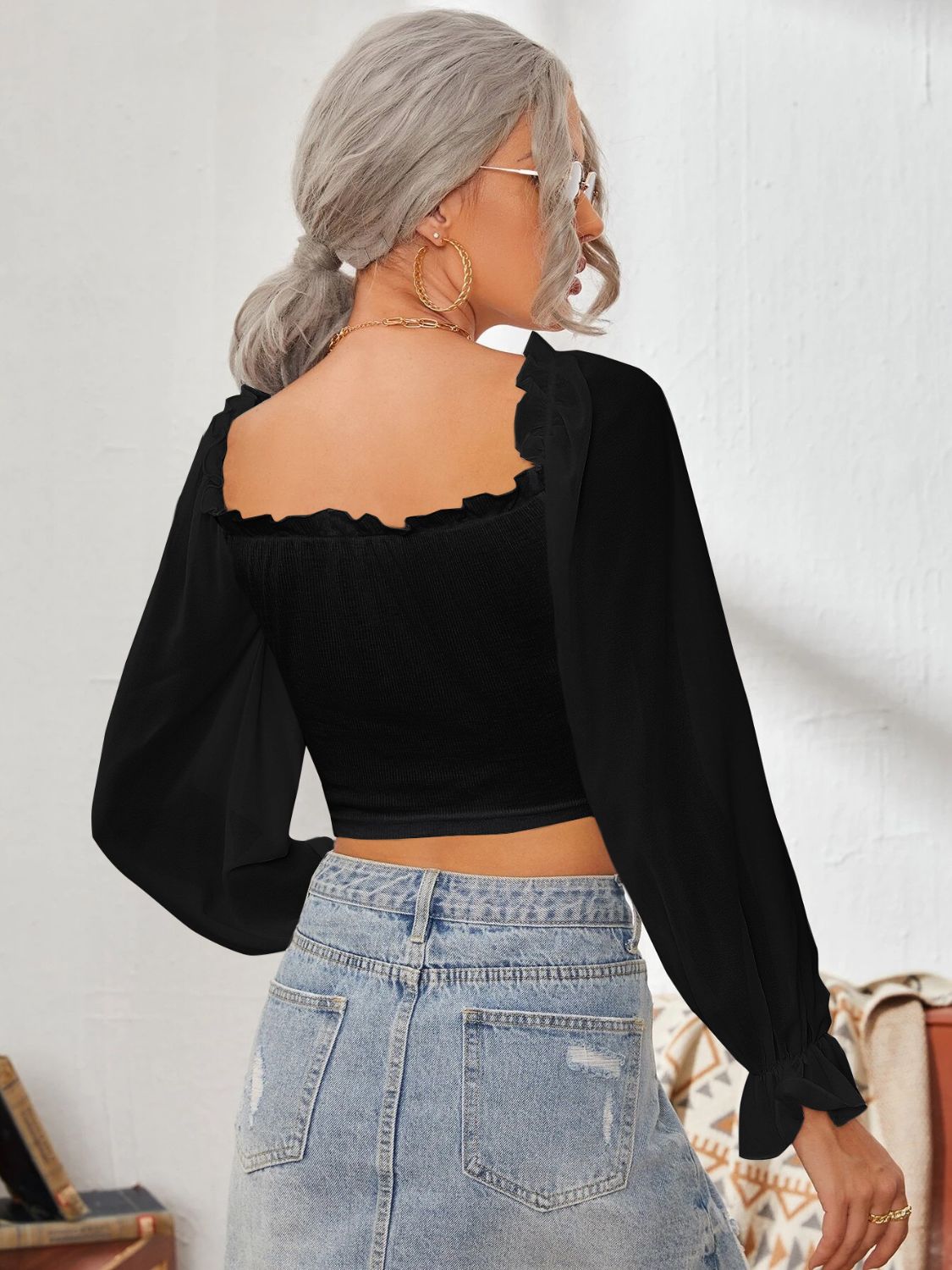 Mesh Sweetheart Neck Flounce Sleeve Top with Ruffled Detail - Image 19