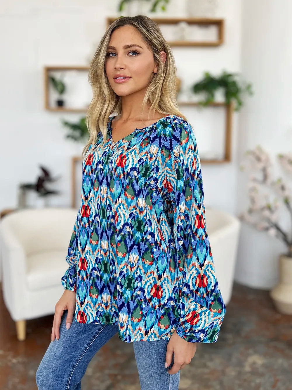 Printed Balloon Sleeve Blouse | Geometric V-Neck Chiffon Top