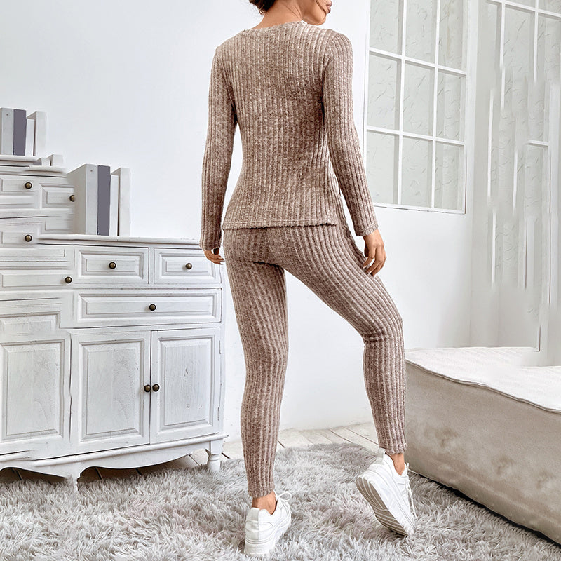 Women's Ribbed Knit Long-Sleeve Tee and Pants Lounge Set - Image 3